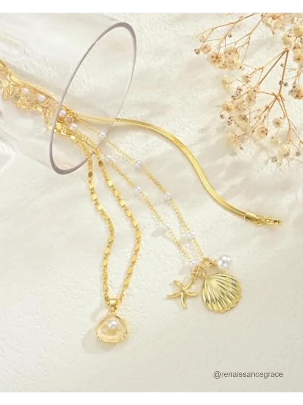 3-Piece Layered Pearl Seashell Starfish Necklace Set 14K Gold Plated